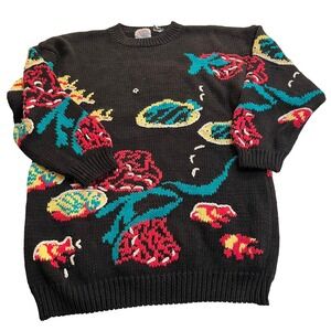 Cape Isle Knitters Vintage Tropical Fish Coral Reef Black Ramie Cotton Sweater L